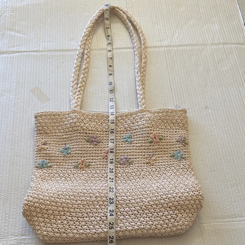 Woven Cream Crochet Shoulder Tote Bag Pastel Floral Embroidered Cottagecore - Picture 9 of 12